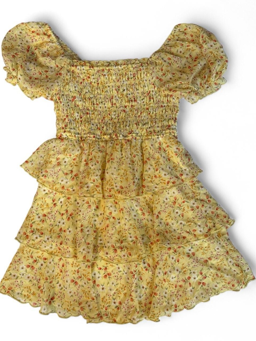 Yellow Floral Tiered Ruffle Mini Dress Puffy Short Sleeve Women’s M Fairycore